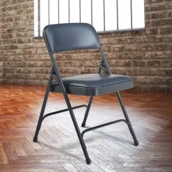 National Public Seating 1204 Char-Blue Metal Folding Chair With 1 1/4" Dark Midnight Blue Vinyl Padded Seat