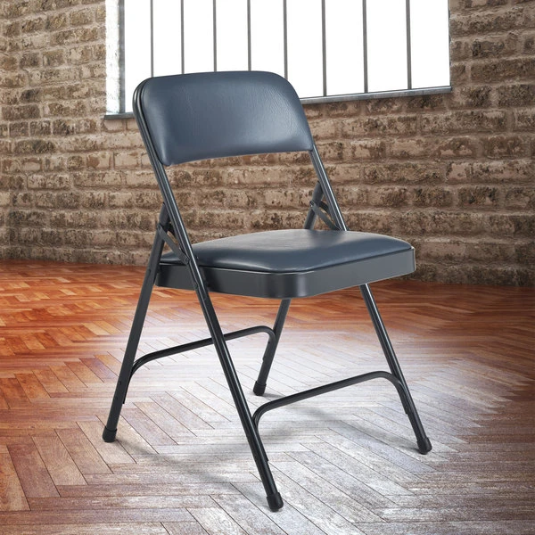 National Public Seating 1204 Char-Blue Metal Folding Chair With 1 1/4" Dark Midnight Blue Vinyl Padded Seat 1 National Public Seating 1204 Char-Blue Metal Folding Chair With 1 1/4" Dark Midnight Blue Vinyl Padded Seat