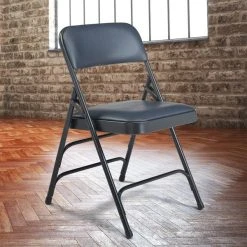 National Public Seating 1304 Char-Blue Metal Folding Chair With 1 1/4" Dark Midnight Blue Vinyl Padded Seat