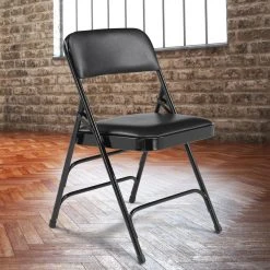 National Public Seating 1310 Black Metal Folding Chair With 1 1/4" Caviar Black Vinyl Padded Seat