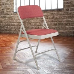 National Public Seating 2308 Gray Metal Folding Chair With 1 1/4" Majestic Cabernet Fabric Padded Seat
