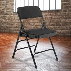 National Public Seating 2310 Black Metal Folding Chair With 1 1/4" Midnight Black Fabric Padded Seat