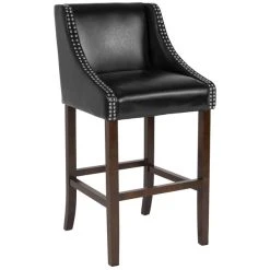 Flash Furniture CH-182020-30-BK-GG Carmel Series Black Leather Bar Stool With Walnut Frame And Nail Trim Accent