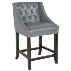 Flash Furniture CH-182020-T-24-LTGY-GG Carmel Series Counter Height Stool In Tufted Gray Leather With Walnut Frame And Nail Trim Accent