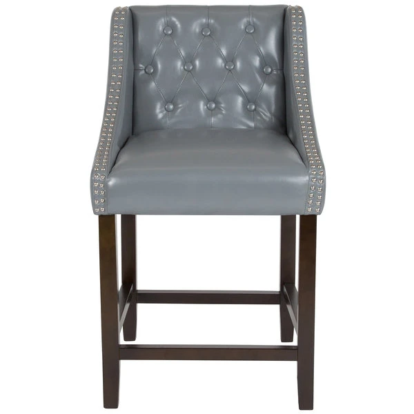 Flash Furniture CH-182020-T-24-LTGY-GG Carmel Series Counter Height Stool In Tufted Gray Leather With Walnut Frame And Nail Trim Accent 3 Flash Furniture CH-182020-T-24-LTGY-GG Carmel Series Counter Height Stool In Tufted Gray Leather With Walnut Frame And Nail Trim Accent - Image 3