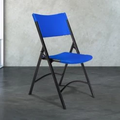 National Public Seating 604 Black Metal Folding Chair With Blue Blow Molded Plastic Back And Seat