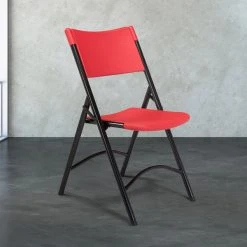 National Public Seating 640 Black Metal Folding Chair With Red Blow Molded Plastic Back And Seat
