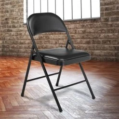 National Public Seating 950 Commercialine Black Metal Folding Chair With Black Padded Vinyl Seat