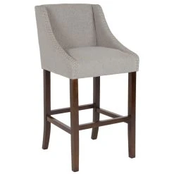 Flash Furniture CH-182020-30-LTGY-F-GG Carmel Series Light Gray Fabric Bar Stool With Walnut Frame And Nail Trim Accent