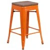 Flash Furniture CH-31320-24-OR-WD-GG 24" Orange Stackable Metal Backless Counter Height Stool With Square Wood Seat