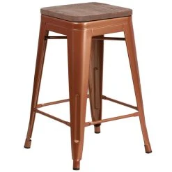 Flash Furniture ET-BT3503-24-POC-WD-GG 24" Copper Stackable Metal Backless Counter Height Stool With Square Wood Seat