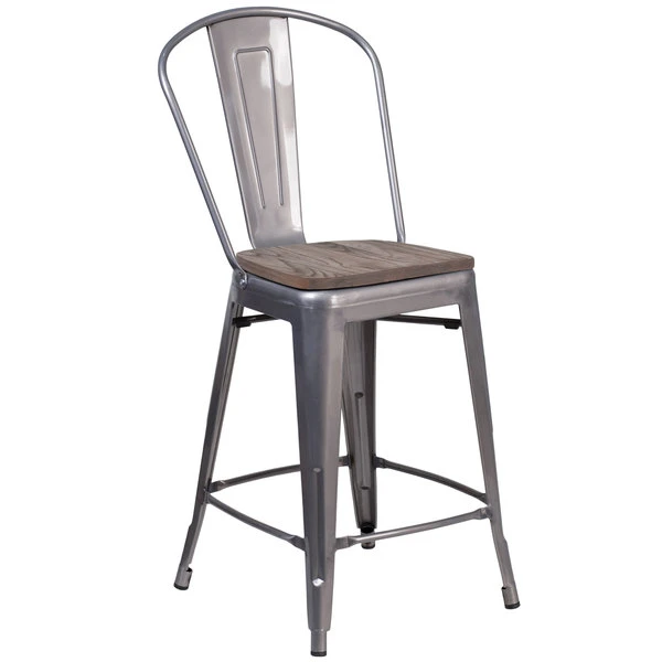 Flash Furniture XU-DG-TP001B-24-WD-GG 24" Clear Coated Metal Counter Height Stool With Vertical Slat Back And Square Wood Seat 1 Flash Furniture XU-DG-TP001B-24-WD-GG 24" Clear Coated Metal Counter Height Stool With Vertical Slat Back And Square Wood Seat