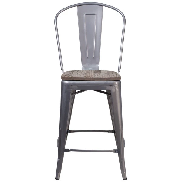 Flash Furniture XU-DG-TP001B-24-WD-GG 24" Clear Coated Metal Counter Height Stool With Vertical Slat Back And Square Wood Seat 2 Flash Furniture XU-DG-TP001B-24-WD-GG 24" Clear Coated Metal Counter Height Stool With Vertical Slat Back And Square Wood Seat - Image 2