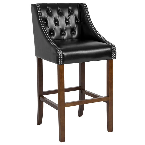 Flash Furniture CH-182020-T-30-BK-GG Carmel Series Black Tufted Leather Bar Stool With Walnut Frame And Nail Trim Accents 1 Flash Furniture CH-182020-T-30-BK-GG Carmel Series Black Tufted Leather Bar Stool With Walnut Frame And Nail Trim Accents