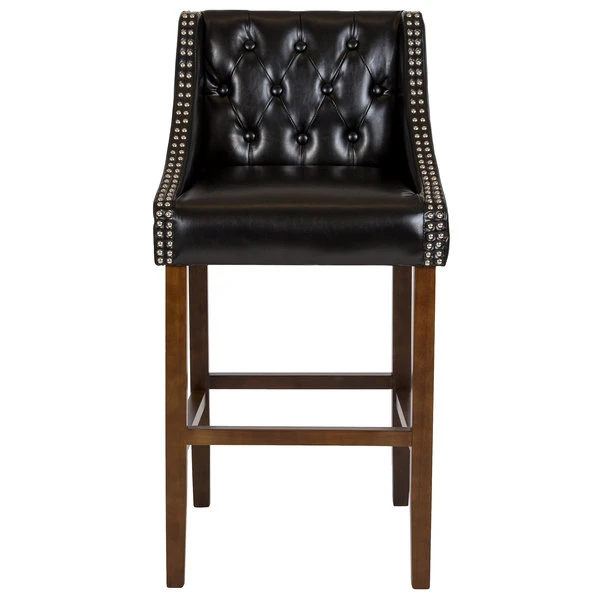 Flash Furniture CH-182020-T-30-BK-GG Carmel Series Black Tufted Leather Bar Stool With Walnut Frame And Nail Trim Accents 3 Flash Furniture CH-182020-T-30-BK-GG Carmel Series Black Tufted Leather Bar Stool With Walnut Frame And Nail Trim Accents - Image 3