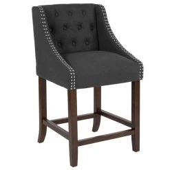 Flash Furniture CH-182020-T-24-BK-F-GG Carmel Series Counter Height Stool In Black Tufted Fabric With Walnut Frame And Nail Trim Accent