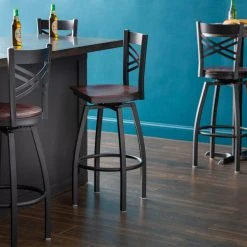 Lancaster Table & Seating Black Finish Cross Back Swivel Bar Stool With Mahogany Wood Seat