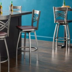 Lancaster Table & Seating Clear Coat Finish Cross Back Swivel Bar Stool With Mahogany Wood Seat