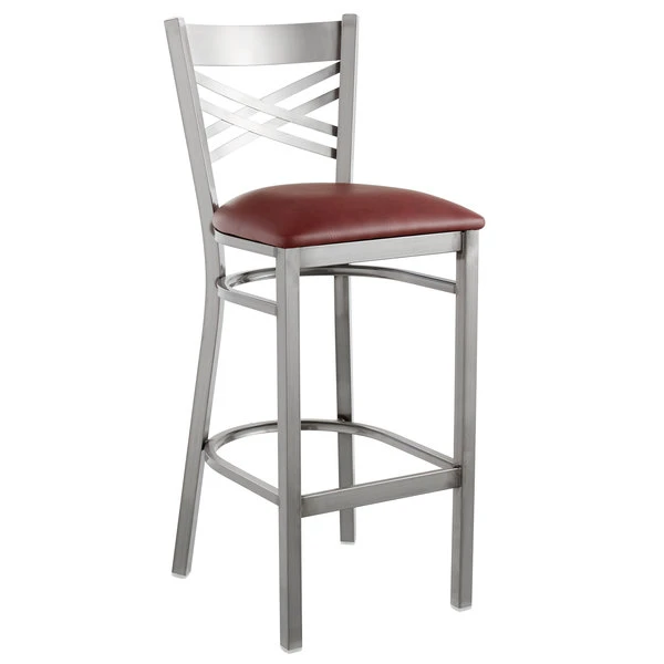 Lancaster Table & Seating Clear Coat Finish Cross Back Bar Stool With 2 1/2" Burgundy Vinyl Padded Seat 2 Lancaster Table & Seating Clear Coat Finish Cross Back Bar Stool With 2 1/2" Burgundy Vinyl Padded Seat - Image 2