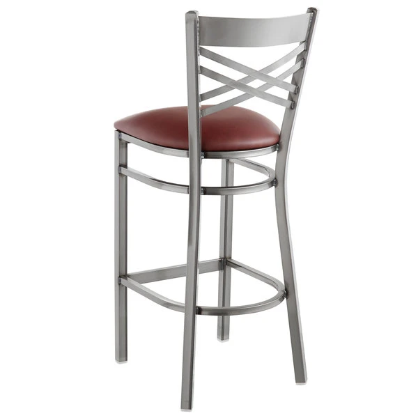 Lancaster Table & Seating Clear Coat Finish Cross Back Bar Stool With 2 1/2" Burgundy Vinyl Padded Seat 3 Lancaster Table & Seating Clear Coat Finish Cross Back Bar Stool With 2 1/2" Burgundy Vinyl Padded Seat - Image 3