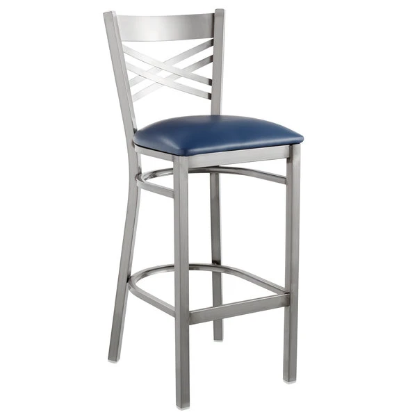 Lancaster Table & Seating Clear Coat Finish Cross Back Bar Stool With 2 1/2" Navy Vinyl Padded Seat 2 Lancaster Table & Seating Clear Coat Finish Cross Back Bar Stool With 2 1/2" Navy Vinyl Padded Seat - Image 2