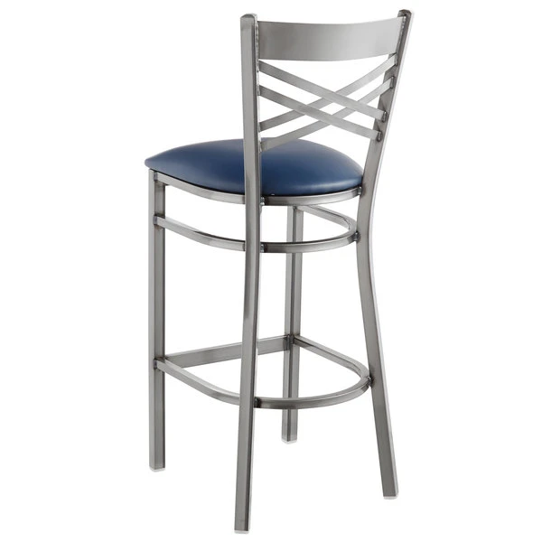 Lancaster Table & Seating Clear Coat Finish Cross Back Bar Stool With 2 1/2" Navy Vinyl Padded Seat 3 Lancaster Table & Seating Clear Coat Finish Cross Back Bar Stool With 2 1/2" Navy Vinyl Padded Seat - Image 3