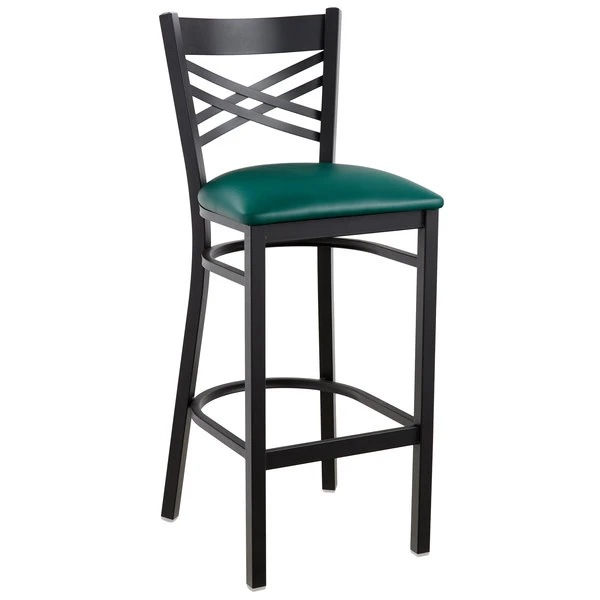 Lancaster Table & Seating Black Finish Cross Back Bar Stool With 2 1/2" Green Vinyl Padded Seat 2 Lancaster Table & Seating Black Finish Cross Back Bar Stool With 2 1/2" Green Vinyl Padded Seat - Image 2