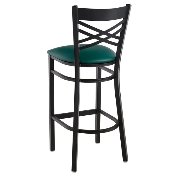 Lancaster Table & Seating Black Finish Cross Back Bar Stool With 2 1/2" Green Vinyl Padded Seat 3 Lancaster Table & Seating Black Finish Cross Back Bar Stool With 2 1/2" Green Vinyl Padded Seat - Image 3