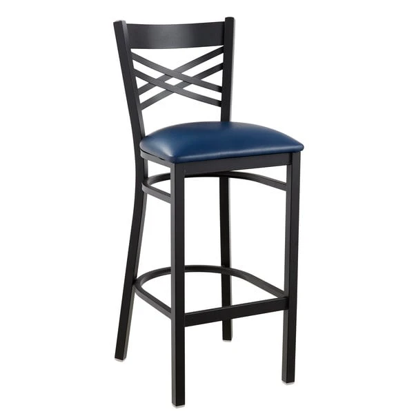 Lancaster Table & Seating Black Finish Cross Back Bar Stool With 2 1/2" Navy Vinyl Padded Seat 2 Lancaster Table & Seating Black Finish Cross Back Bar Stool With 2 1/2" Navy Vinyl Padded Seat - Image 2