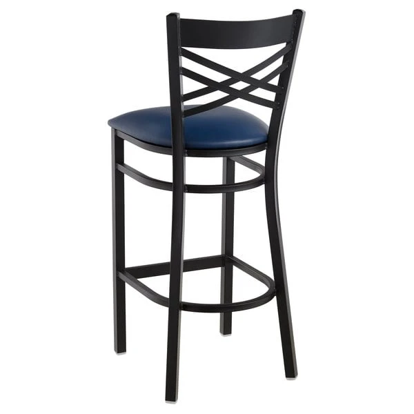 Lancaster Table & Seating Black Finish Cross Back Bar Stool With 2 1/2" Navy Vinyl Padded Seat 3 Lancaster Table & Seating Black Finish Cross Back Bar Stool With 2 1/2" Navy Vinyl Padded Seat - Image 3