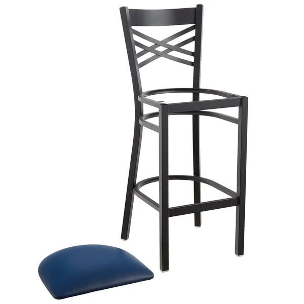 Lancaster Table & Seating Black Finish Cross Back Bar Stool With 2 1/2" Navy Vinyl Padded Seat 4 Lancaster Table & Seating Black Finish Cross Back Bar Stool With 2 1/2" Navy Vinyl Padded Seat - Image 4