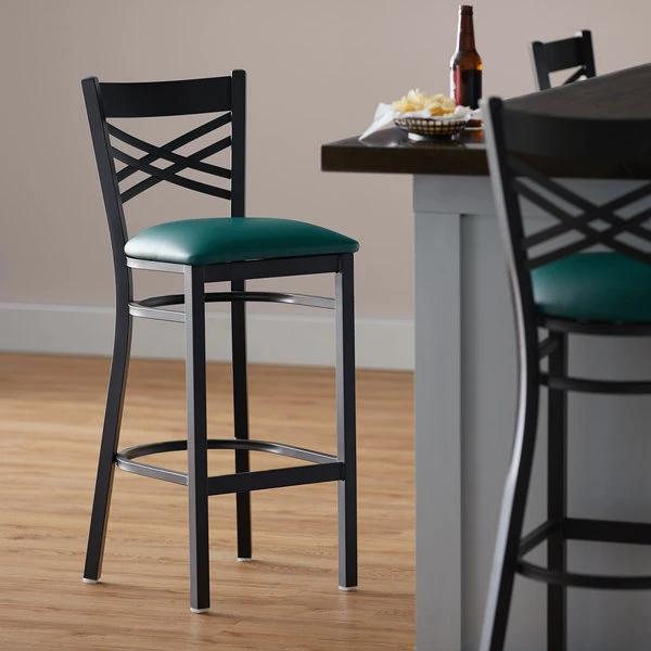 Lancaster Table & Seating Black Finish Cross Back Bar Stool With 2 1/2" Green Vinyl Padded Seat 1 Lancaster Table & Seating Black Finish Cross Back Bar Stool With 2 1/2" Green Vinyl Padded Seat