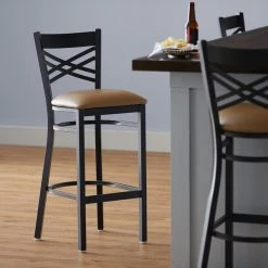 Lancaster Table & Seating Black Finish Cross Back Bar Stool With 2 1/2" Light Brown Vinyl Padded Seat