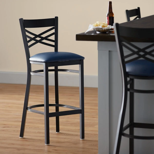 Lancaster Table & Seating Black Finish Cross Back Bar Stool With 2 1/2" Navy Vinyl Padded Seat 1 Lancaster Table & Seating Black Finish Cross Back Bar Stool With 2 1/2" Navy Vinyl Padded Seat