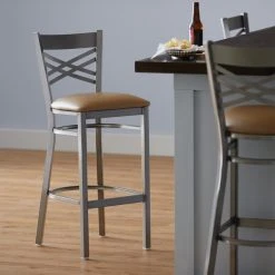 Lancaster Table & Seating Clear Coat Finish Cross Back Bar Stool With 2 1/2" Light Brown Vinyl Padded Seat