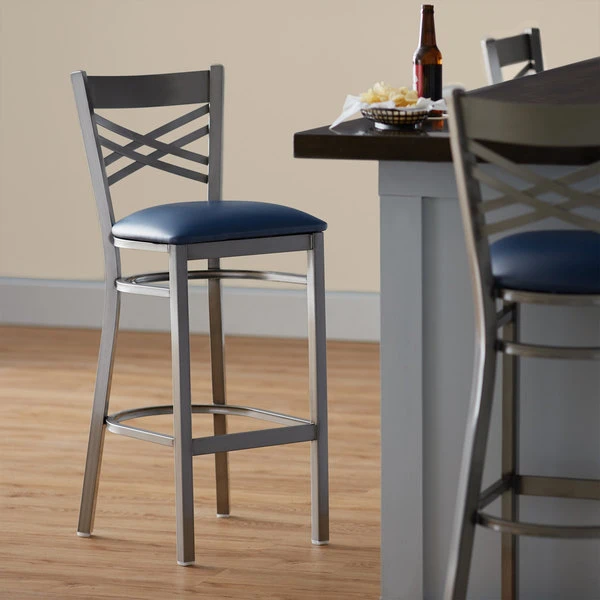 Lancaster Table & Seating Clear Coat Finish Cross Back Bar Stool With 2 1/2" Navy Vinyl Padded Seat 1 Lancaster Table & Seating Clear Coat Finish Cross Back Bar Stool With 2 1/2" Navy Vinyl Padded Seat