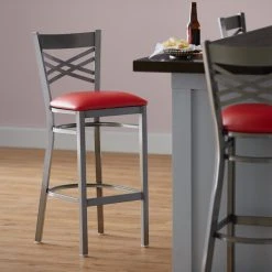 Lancaster Table & Seating Clear Coat Finish Cross Back Bar Stool With 2 1/2" Red Vinyl Padded Seat