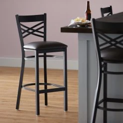 Lancaster Table & Seating Black Finish Cross Back Bar Stool With 2 1/2" Dark Brown Vinyl Padded Seat