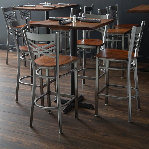 Lancaster Table & Seating Clear Coat Finish Cross Back Bar Stool With Antique Walnut Wood Seat 6 Lancaster Table & Seating Clear Coat Finish Cross Back Bar Stool With Antique Walnut Wood Seat - Image 6
