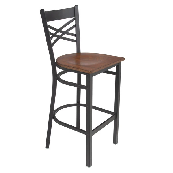Lancaster Table & Seating Black Finish Cross Back Bar Stool With Antique Walnut Wood Seat 2 Lancaster Table & Seating Black Finish Cross Back Bar Stool With Antique Walnut Wood Seat - Image 2