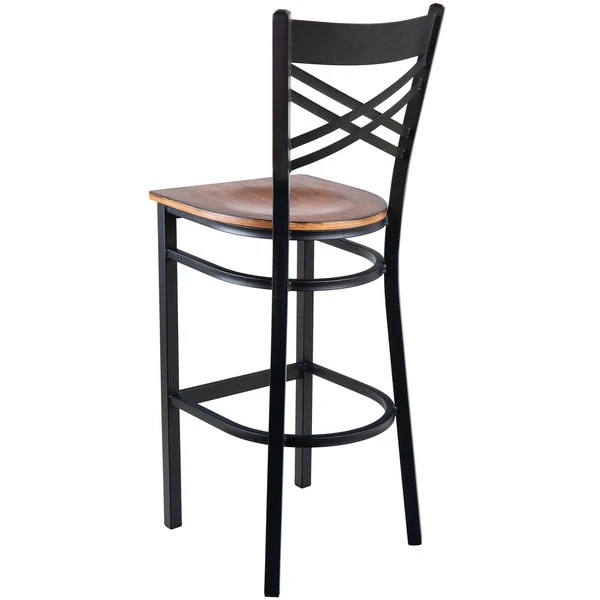 Lancaster Table & Seating Black Finish Cross Back Bar Stool With Antique Walnut Wood Seat 3 Lancaster Table & Seating Black Finish Cross Back Bar Stool With Antique Walnut Wood Seat - Image 3