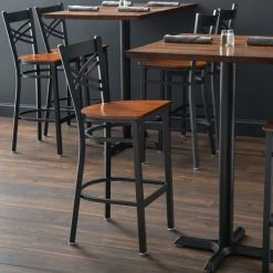 Lancaster Table & Seating Black Finish Cross Back Bar Stool With Antique Walnut Wood Seat