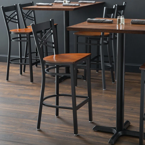 Lancaster Table & Seating Black Finish Cross Back Bar Stool With Antique Walnut Wood Seat 1 Lancaster Table & Seating Black Finish Cross Back Bar Stool With Antique Walnut Wood Seat