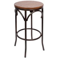 BFM Seating Henry Distressed Rustic Clear Coated Steel Bar Stool With Autumn Ash Wooden Seat