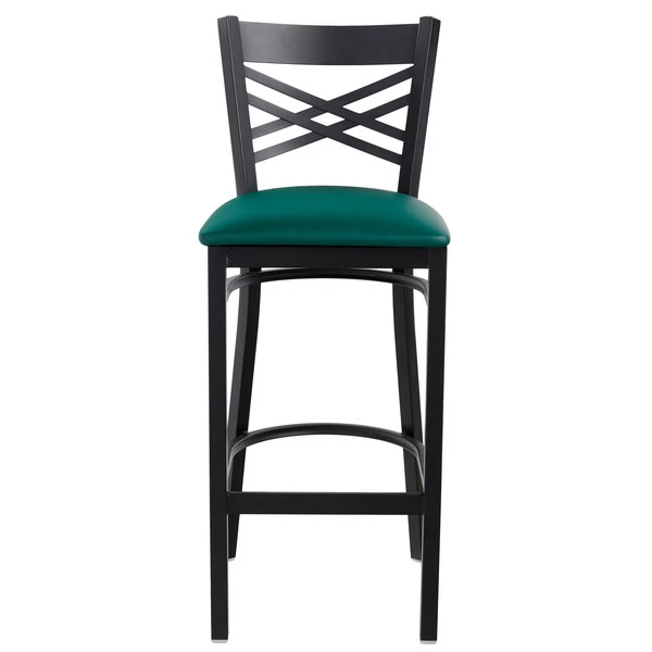 Lancaster Table & Seating Black Finish Cross Back Bar Stool With 2 1/2" Green Vinyl Padded Seat 5 Lancaster Table & Seating Black Finish Cross Back Bar Stool With 2 1/2" Green Vinyl Padded Seat - Image 5