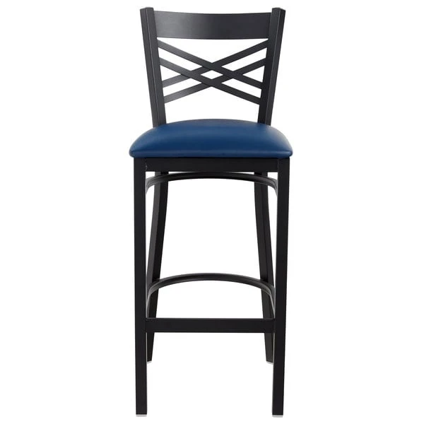 Lancaster Table & Seating Black Finish Cross Back Bar Stool With 2 1/2" Navy Vinyl Padded Seat 5 Lancaster Table & Seating Black Finish Cross Back Bar Stool With 2 1/2" Navy Vinyl Padded Seat - Image 5