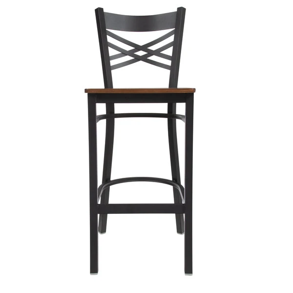 Lancaster Table & Seating Black Finish Cross Back Bar Stool With Antique Walnut Wood Seat 5 Lancaster Table & Seating Black Finish Cross Back Bar Stool With Antique Walnut Wood Seat - Image 5
