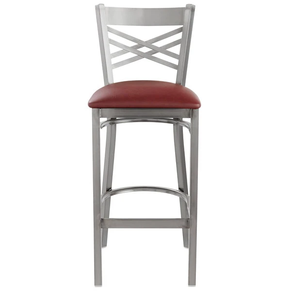 Lancaster Table & Seating Clear Coat Finish Cross Back Bar Stool With 2 1/2" Burgundy Vinyl Padded Seat 5 Lancaster Table & Seating Clear Coat Finish Cross Back Bar Stool With 2 1/2" Burgundy Vinyl Padded Seat - Image 5
