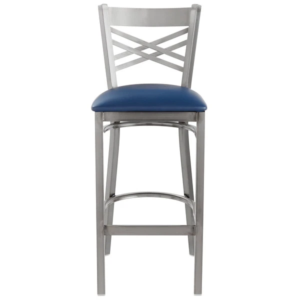 Lancaster Table & Seating Clear Coat Finish Cross Back Bar Stool With 2 1/2" Navy Vinyl Padded Seat 5 Lancaster Table & Seating Clear Coat Finish Cross Back Bar Stool With 2 1/2" Navy Vinyl Padded Seat - Image 5