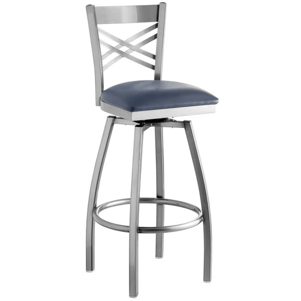 Lancaster Table & Seating Clear Coat Finish Cross Back Swivel Bar Stool With 2 1/2" Navy Vinyl Padded Seat 2 Lancaster Table & Seating Clear Coat Finish Cross Back Swivel Bar Stool With 2 1/2" Navy Vinyl Padded Seat - Image 2